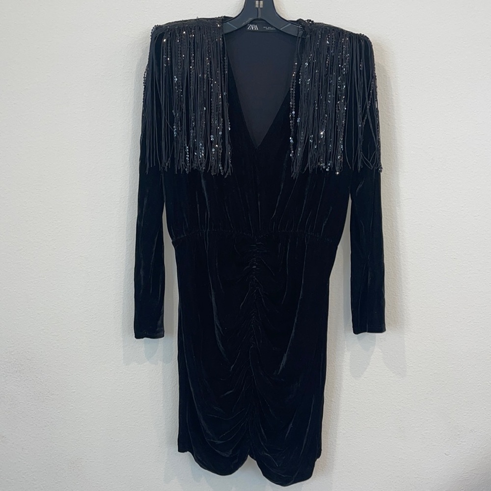 Zara Ruched Shoulder Pad Velvet Mini Dress